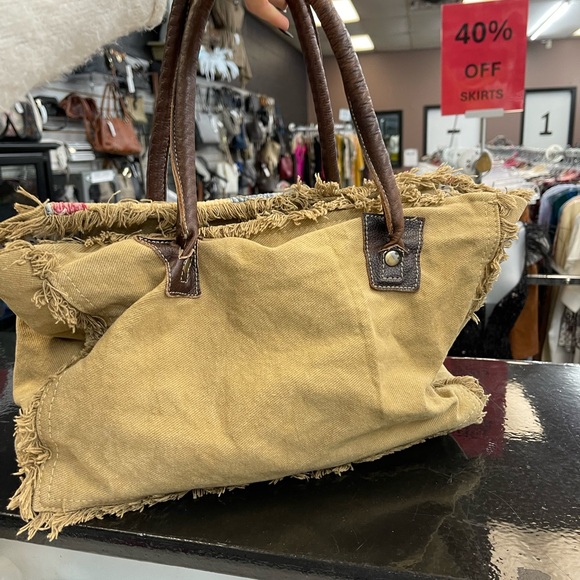 Myra Bag Tan and Blue Satchel - Picture 3 of 7